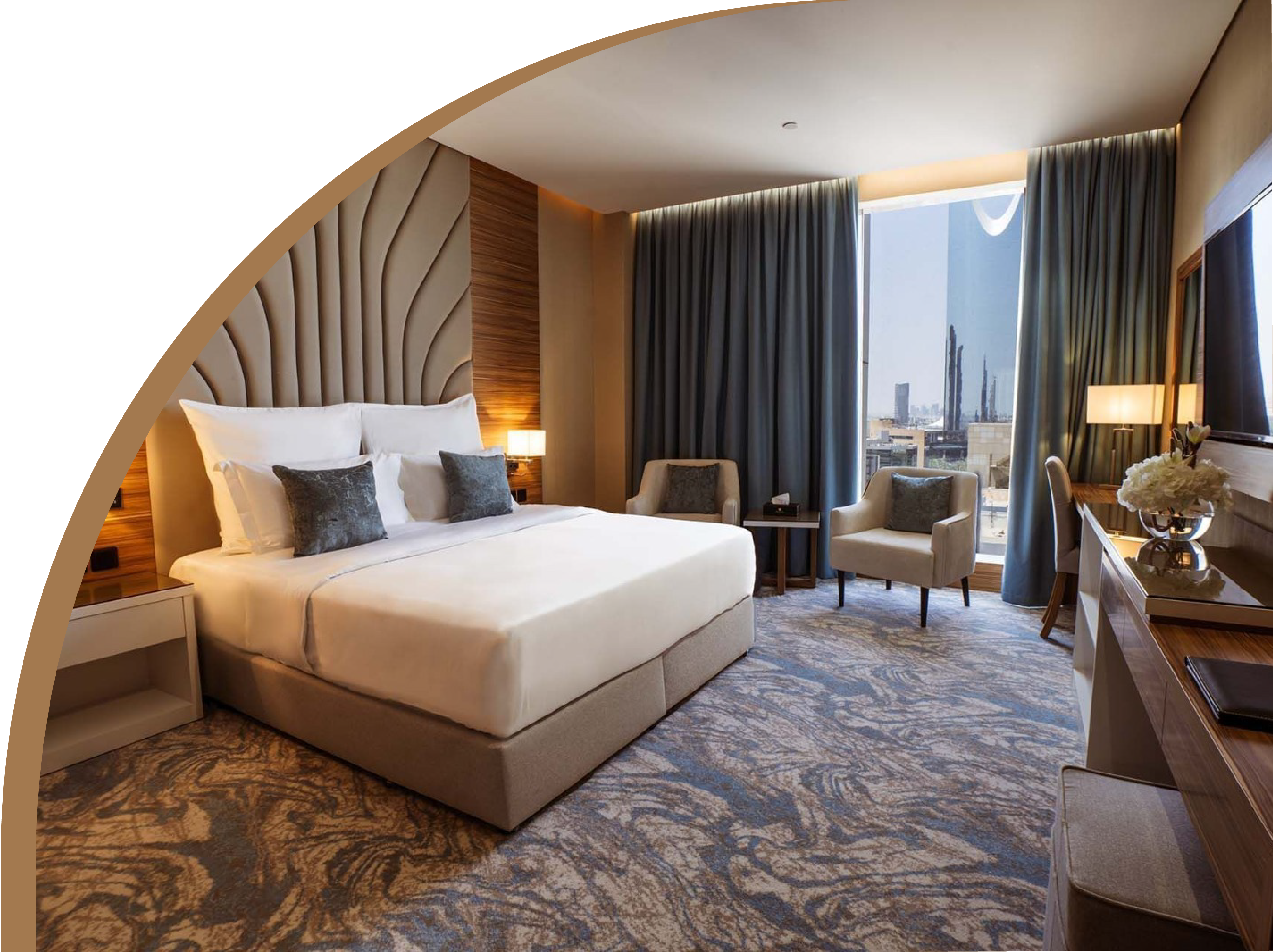Luxury guest room with seating area and city views